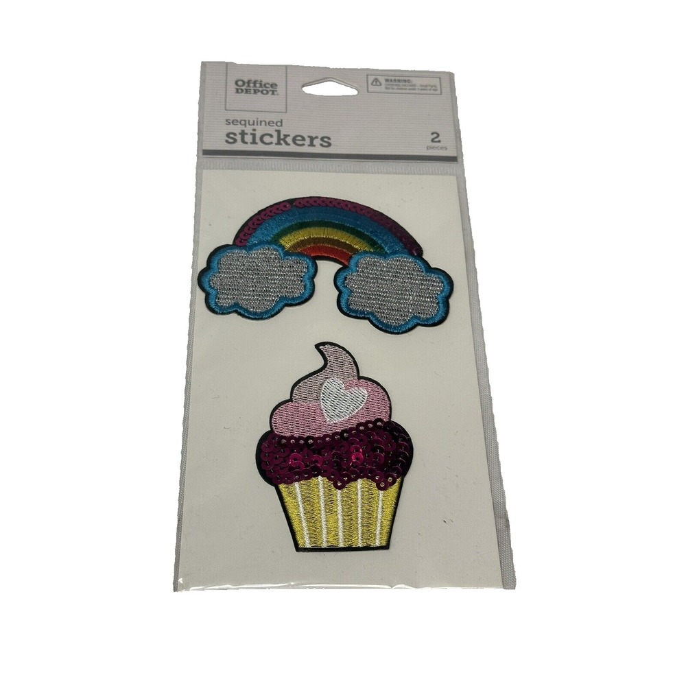 OFFICE DEPOT 2 stickers sequined patch like RAINBOW CUPCAKE